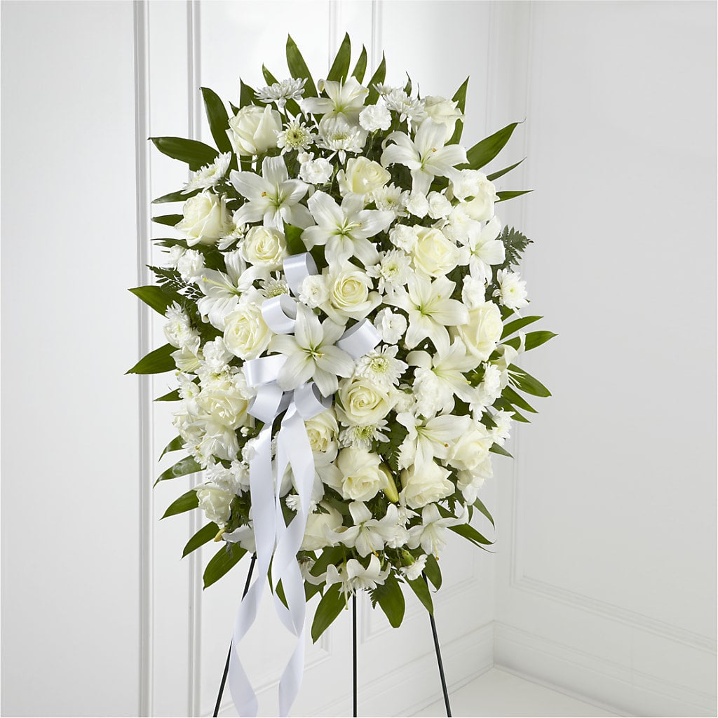 Exquisite Tribute Standing Spray-White Ribbon – FLEURISTE JARDIN D'ANJOU, Anjou PQ