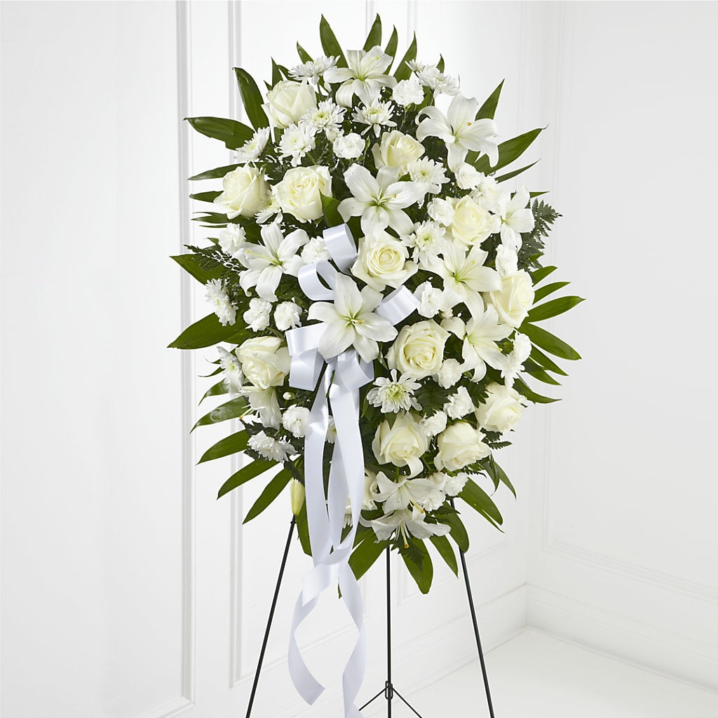Exquisite Tribute Standing Spray-White Ribbon – FLEURISTE JARDIN D'ANJOU, Anjou PQ