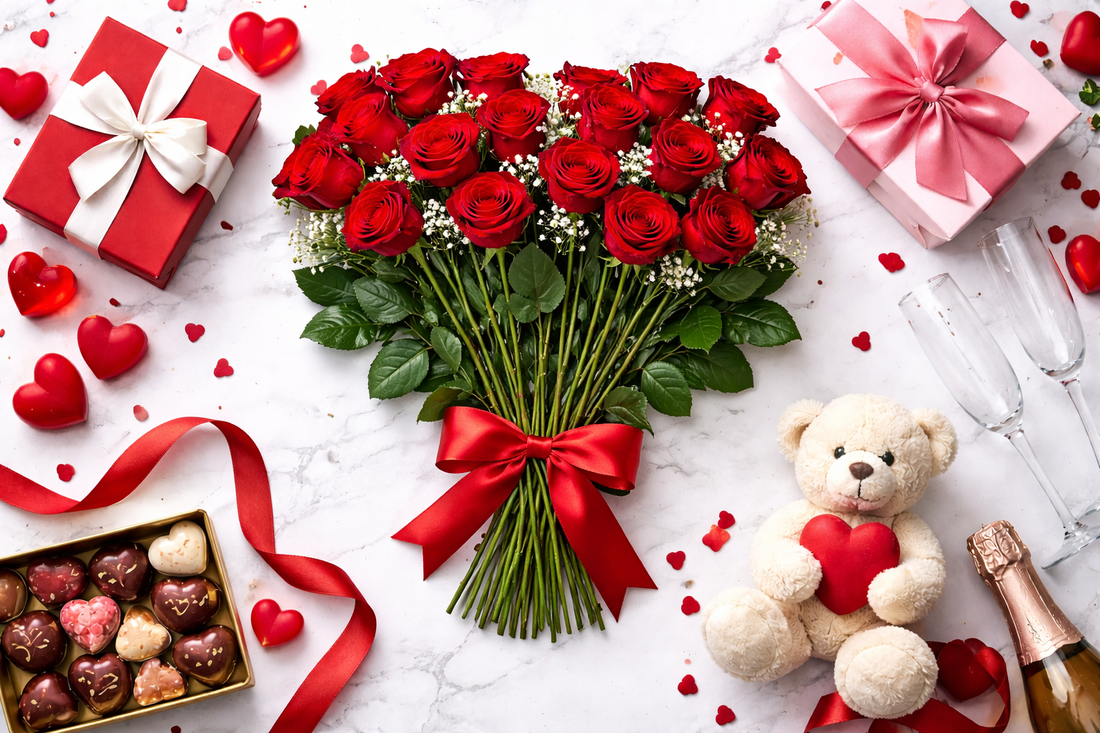 Table with Valentine's Day gifts including red roses, chocolates, teddy bear